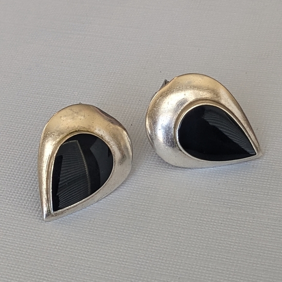 Signed Vintage 925 Sterling Silver Black Onyx Pear Shaped Clip On Earrings - Picture 7 of 12